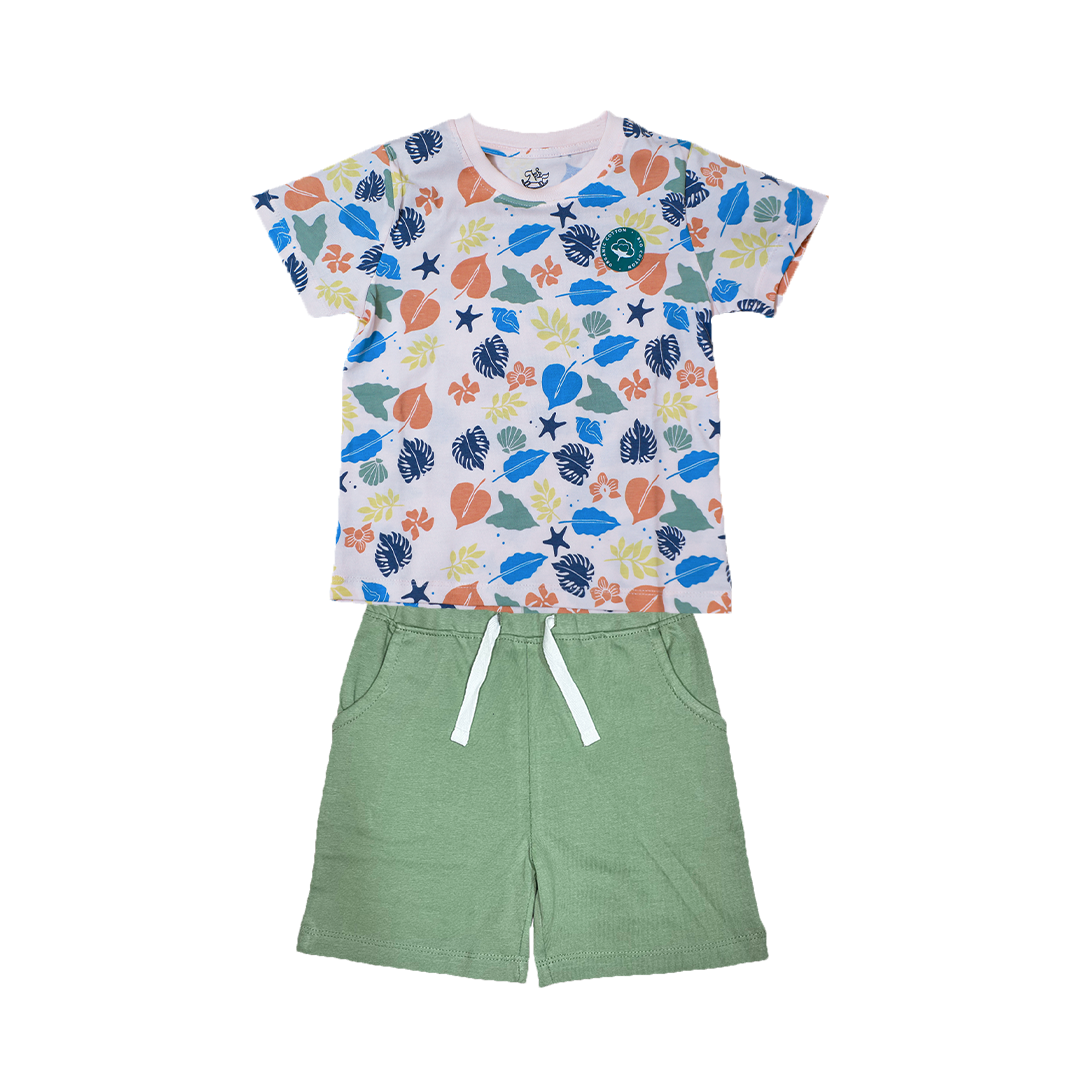 Tropical Print Round Neck T-shirt With Pastel Green Shorts